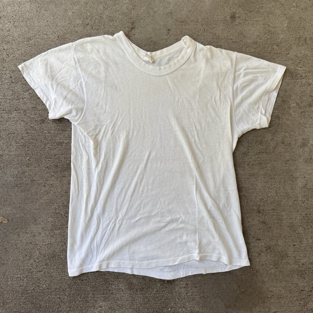 Vintage 50s 60s Hanes Blank White Tee Shirt Medium Cotton Mounted Collar